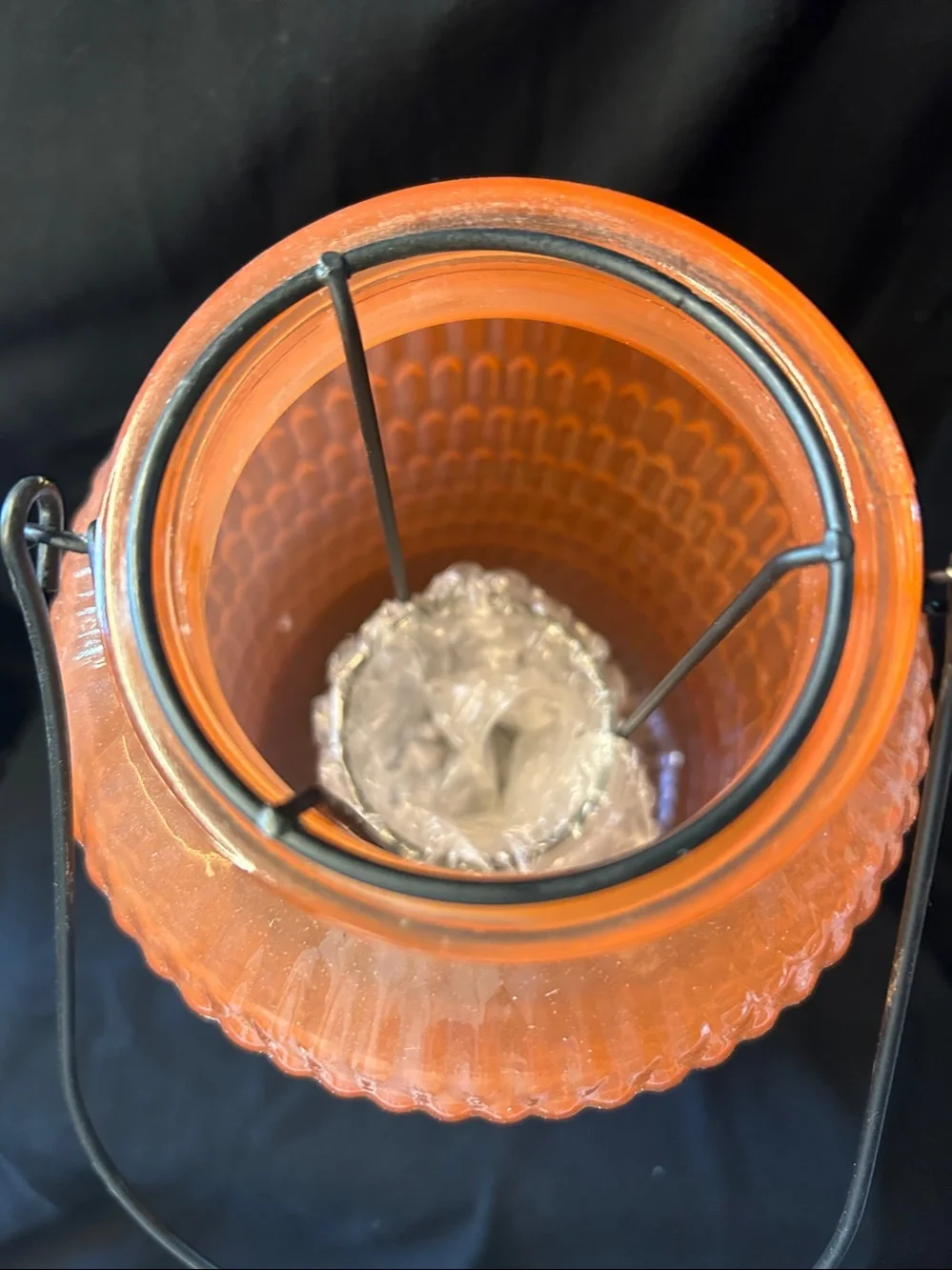 Orange Textured Glass Lantern with Metal Handle - Decorative Accent